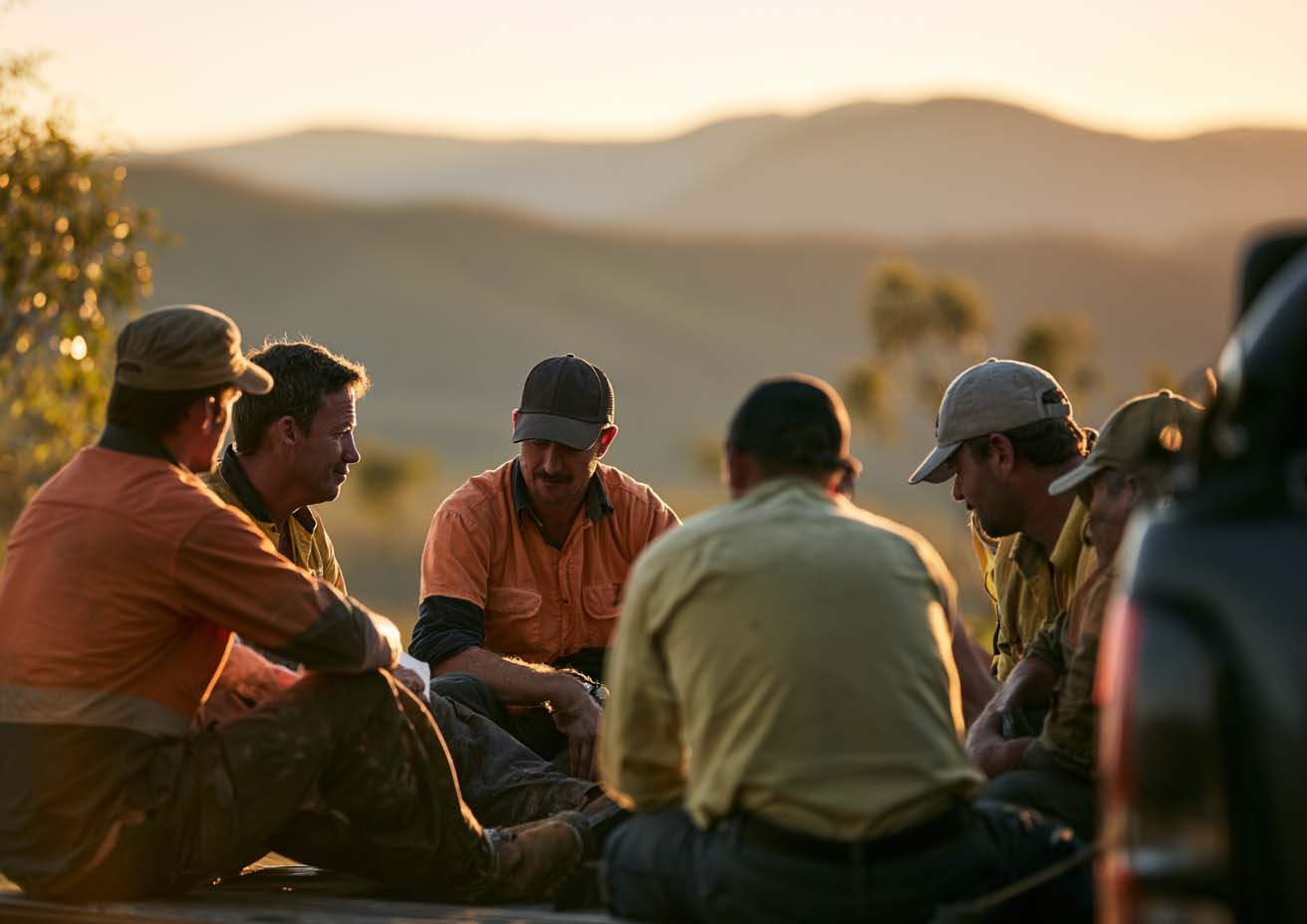 Group of workers in hi-vis shirts sitting together at sunset with hills behind