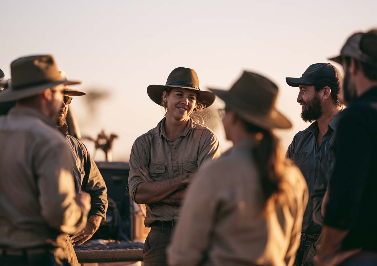 Rural workers in wide-brimmed hats talking together at sunset