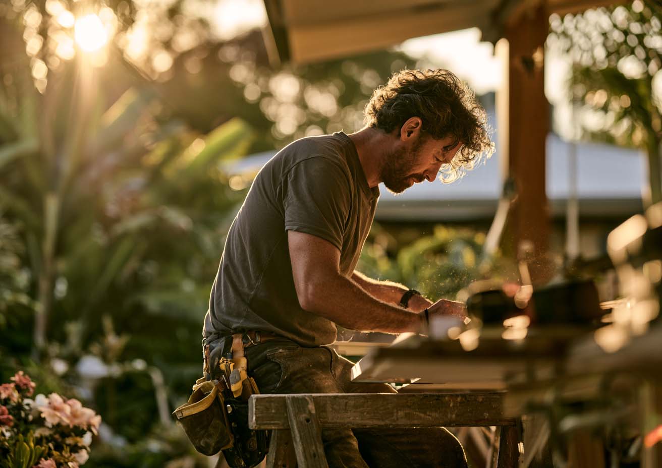 Carpenter working at a bench outdoors in late afternoon light