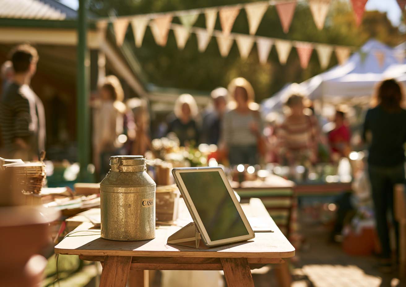 Tablet set up for payments on a market stall table with bunting overhead
