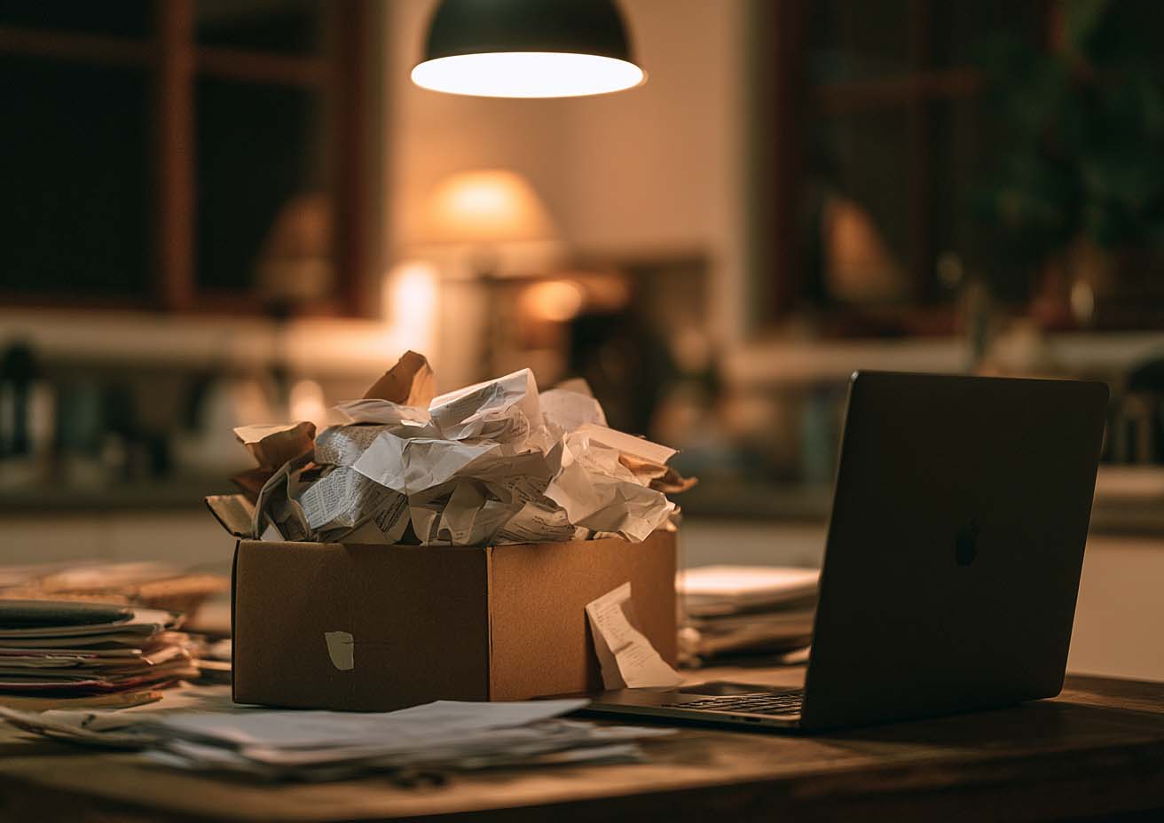 Cardboard box overflowing with crumpled receipts beside a laptop