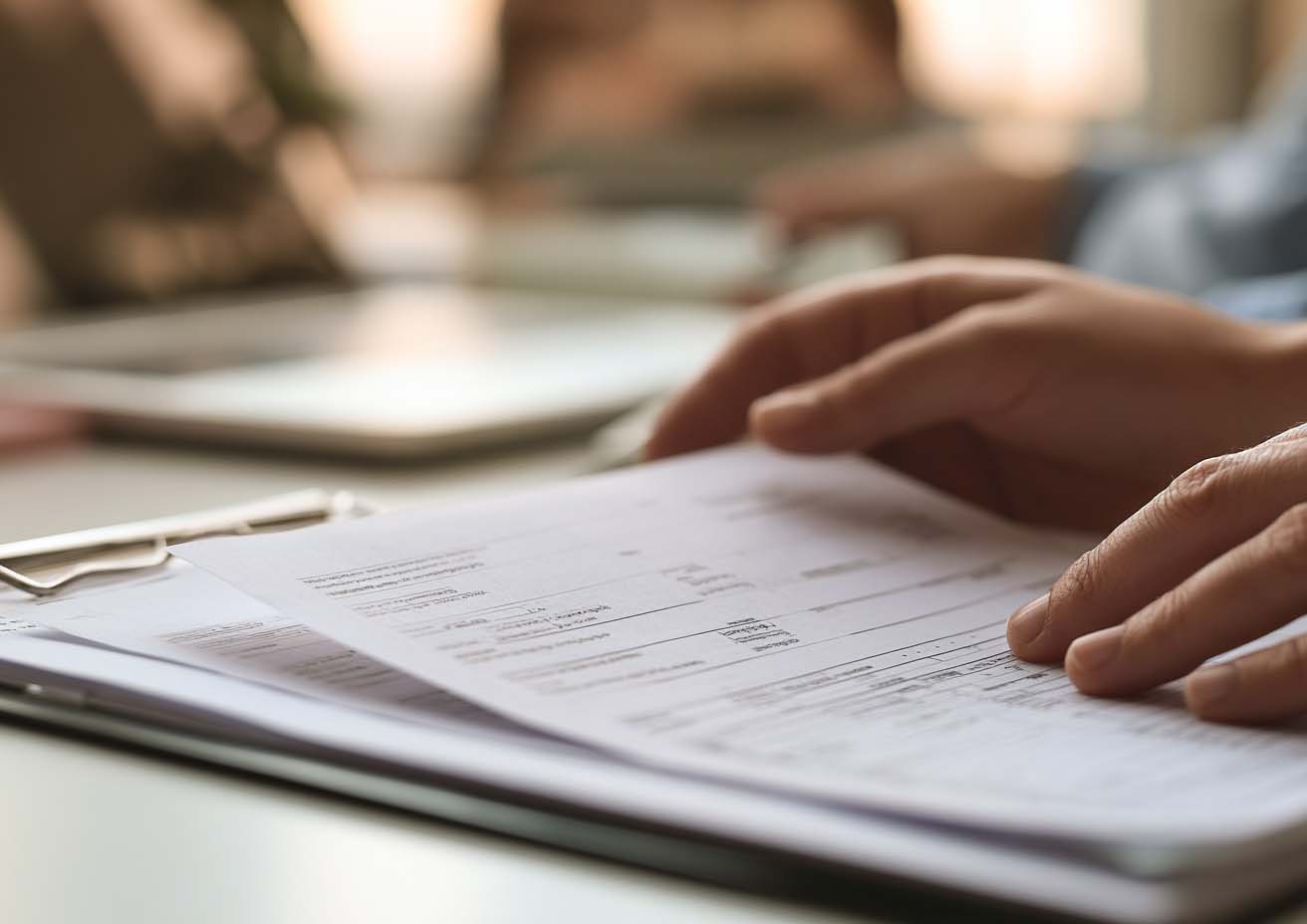 Hands going through a stack of printed financial statements