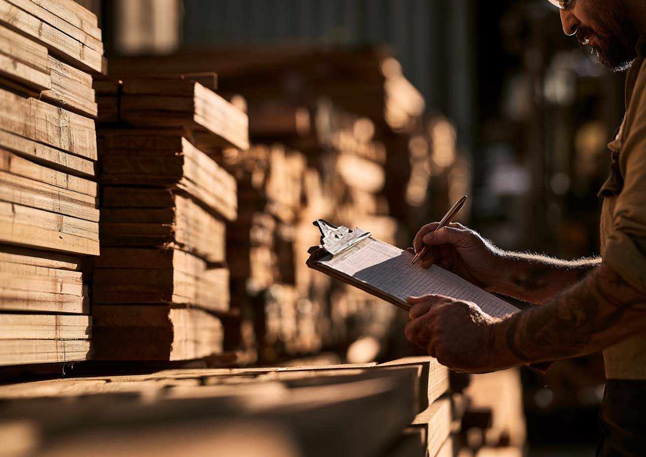 Worker writing on a clipboard beside stacked timber in a yard