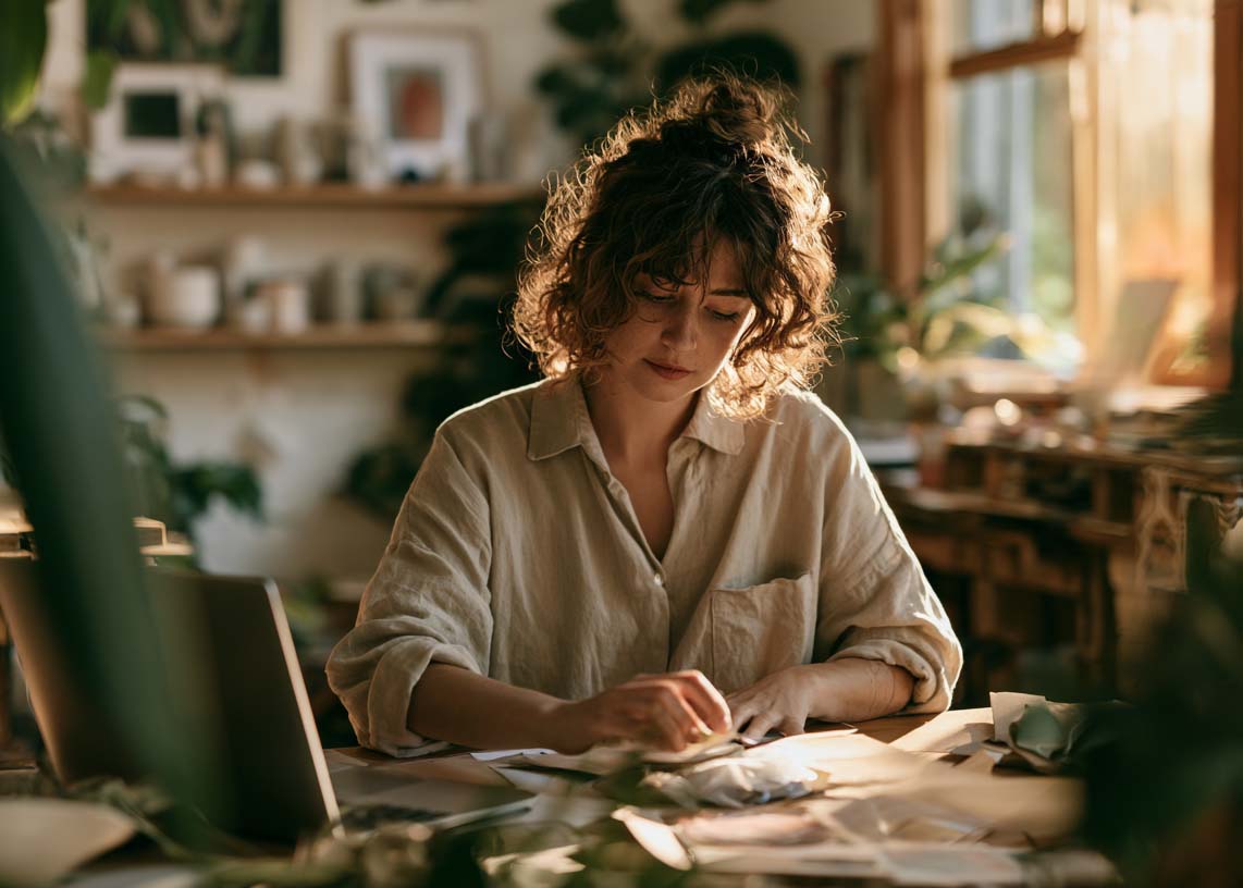 Creative sole trader working at a desk in a sunlit home studio