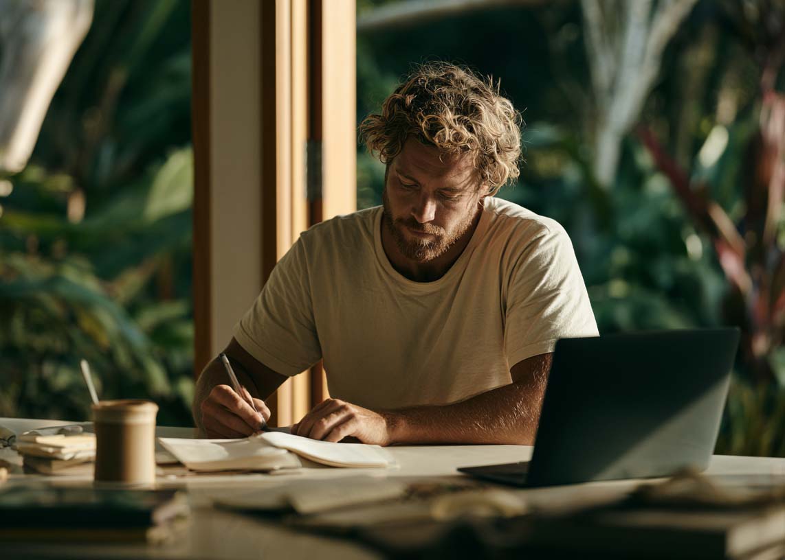 New business owner making notes beside a laptop