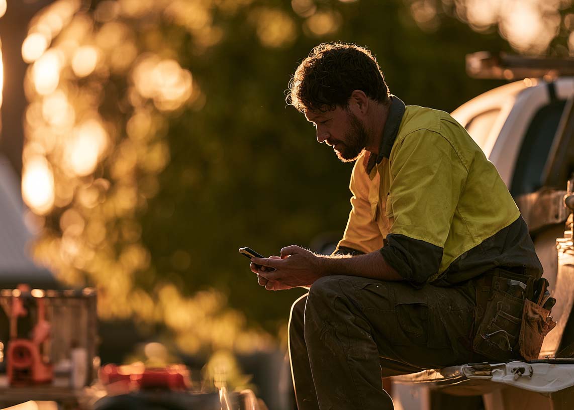 Tradesperson checking their phone on the back of a ute at the end of the day
